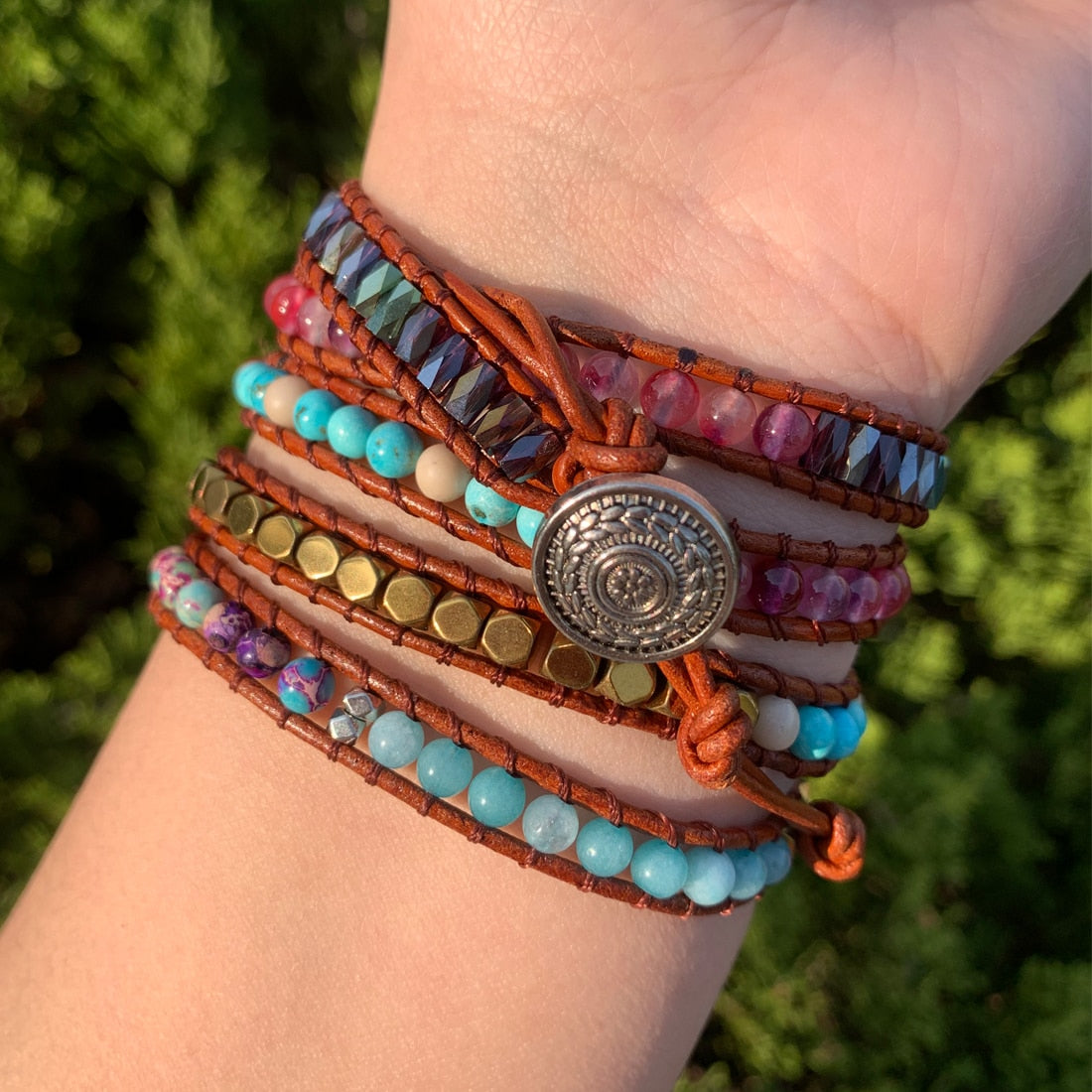 Leather Wrap Bracelet New Design Weave 5 Layers Leather Wrap Boho Stone Wrap Supplier Dropshipping